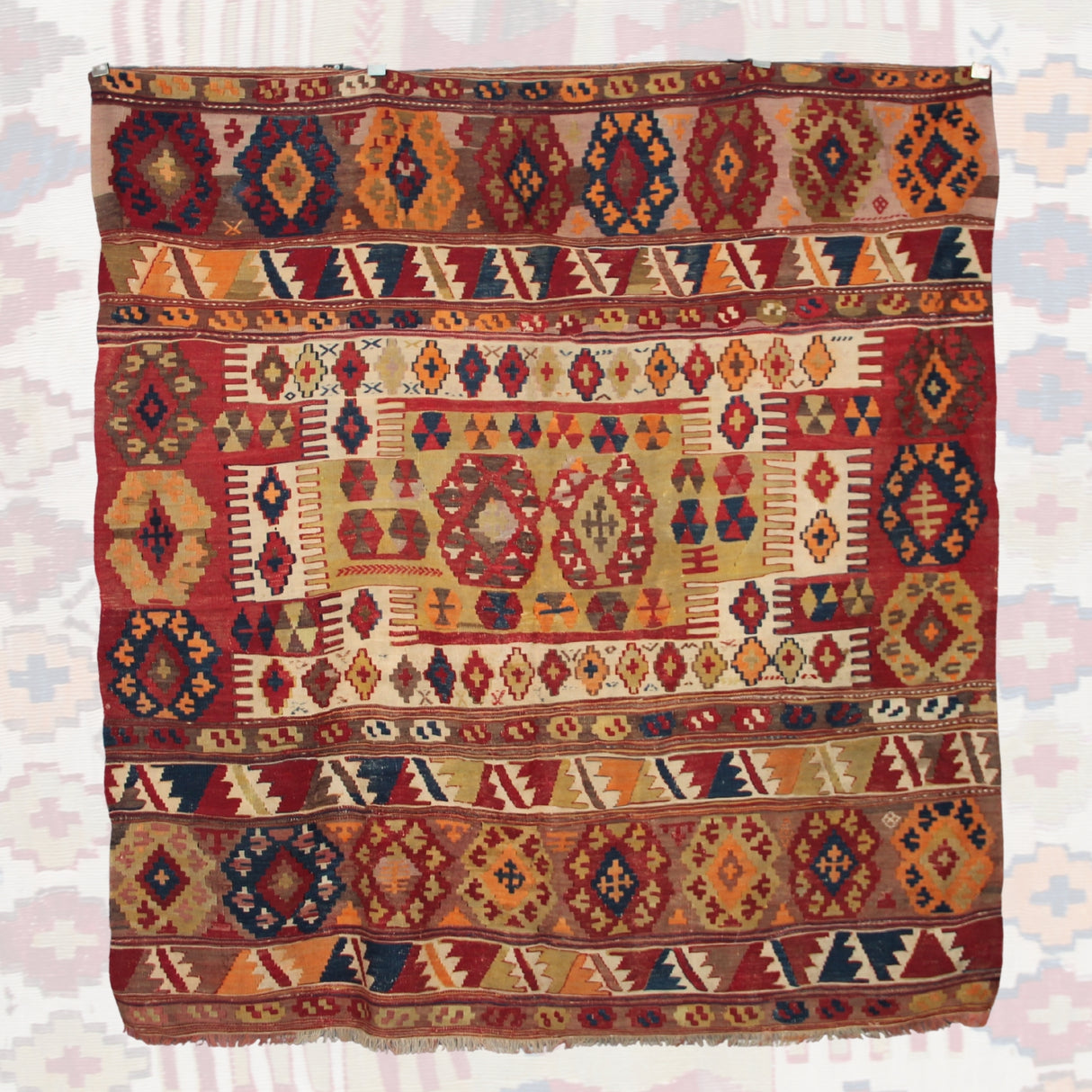 Curated Antique Kilim Rug - 5x5 ft | Old Anatolian Handmade Carpet