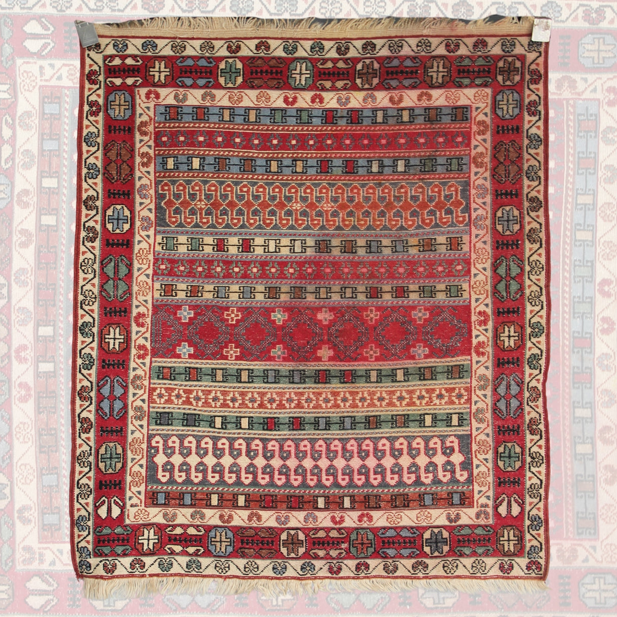 Vintage Soumak Kilim Rug - 3x3 ft | Wool Handmade Rustic Carpet for Area