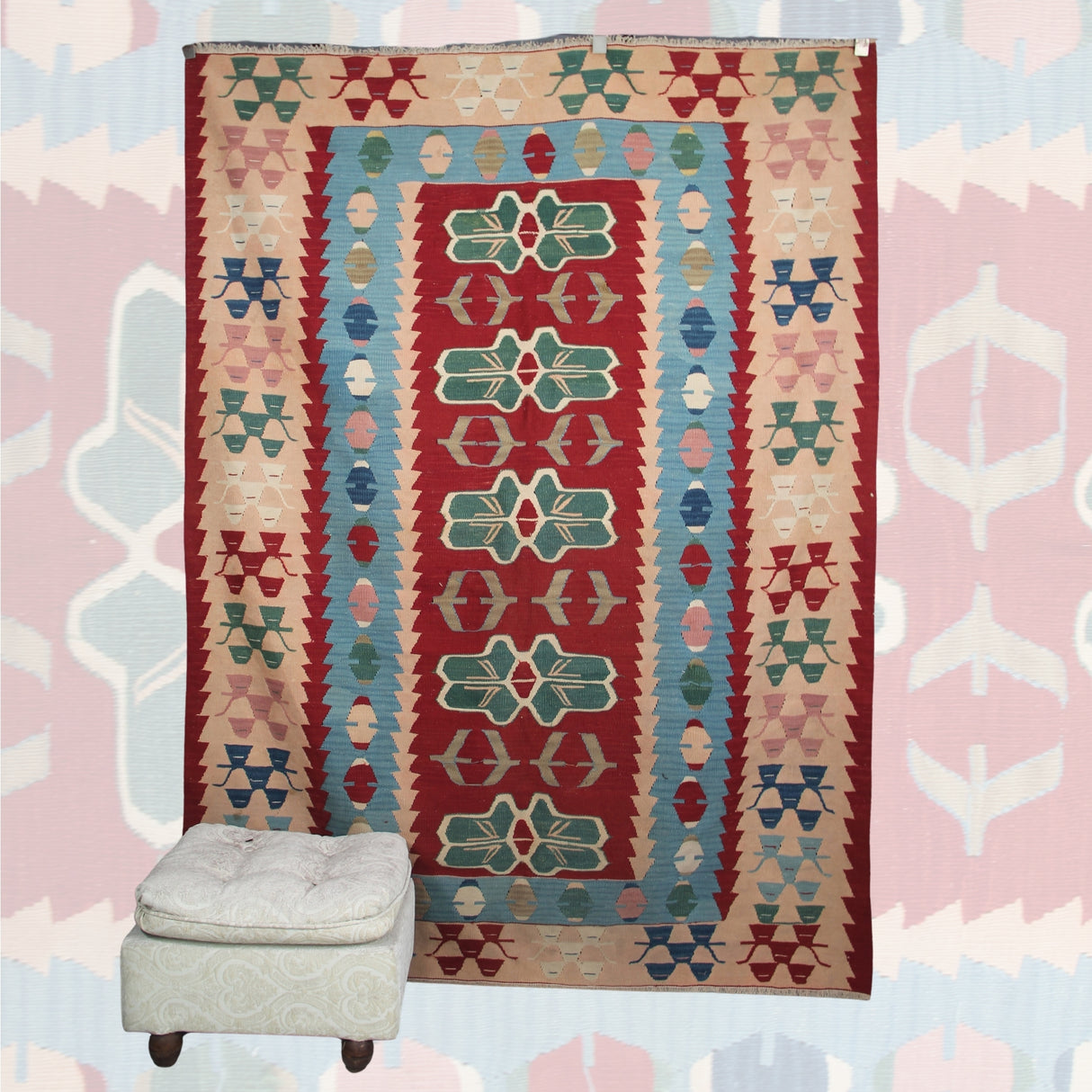 Vintage Tribal Red Kilim - 5x7 ft | Wool Handmade Turkish Rug for Living Room