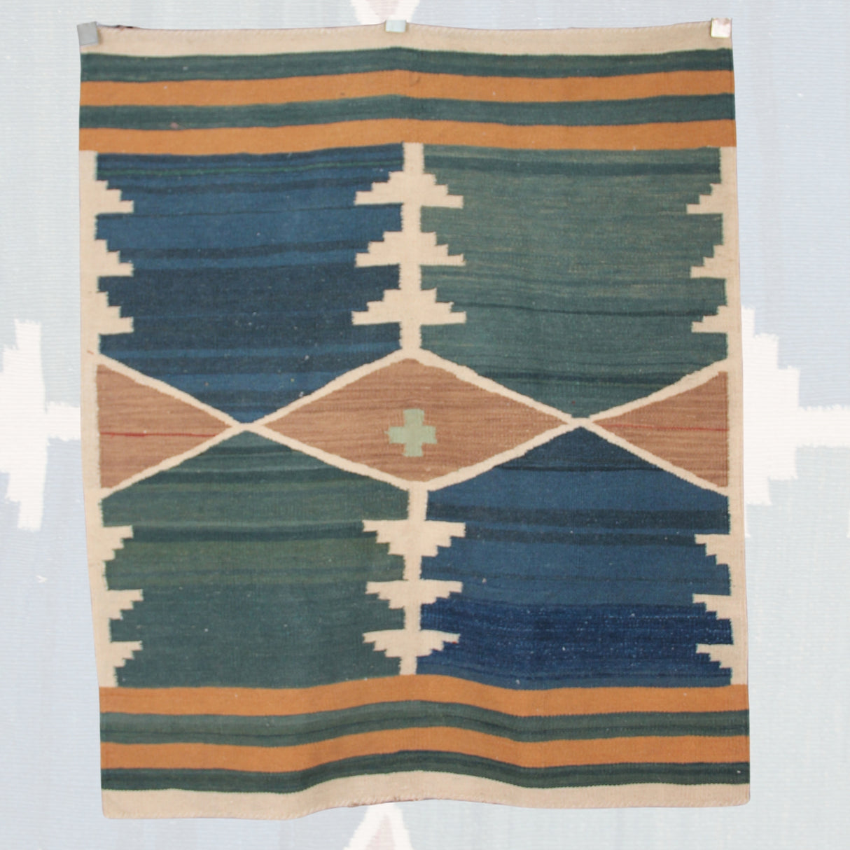 Vintage Wool Flatweave Rug - 3x4 ft | Handmade Aztec Design Blue Kilim