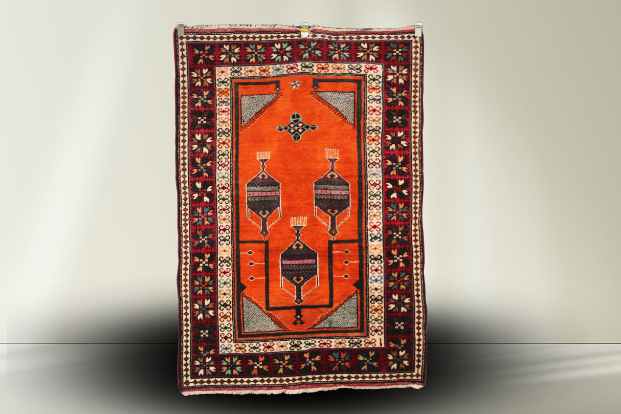 Antique Nomadic Turkish Rug, 4x5 ft | Wool Orange Carpet, Handmade Oushak Rug