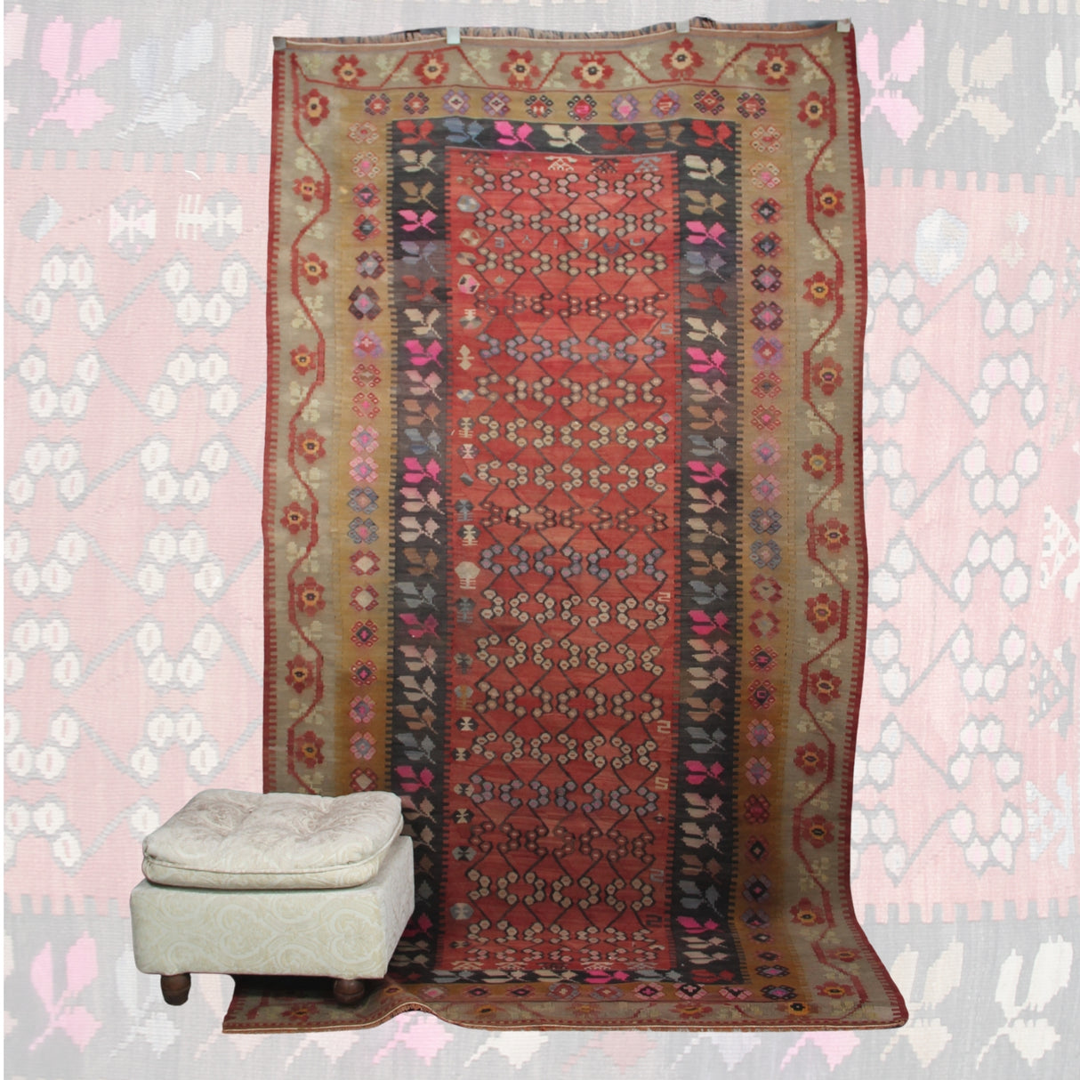 Vintage Curated Antique Kilim - 5x9 ft | Handmade Red Floral Turkish Rug