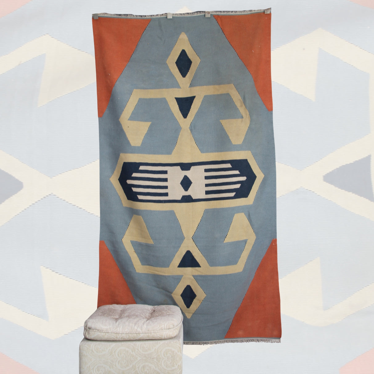 Curated Vintage Oushak Kilim - 4x7 ft | Handmade Blue Turkish Rug for Bedroom