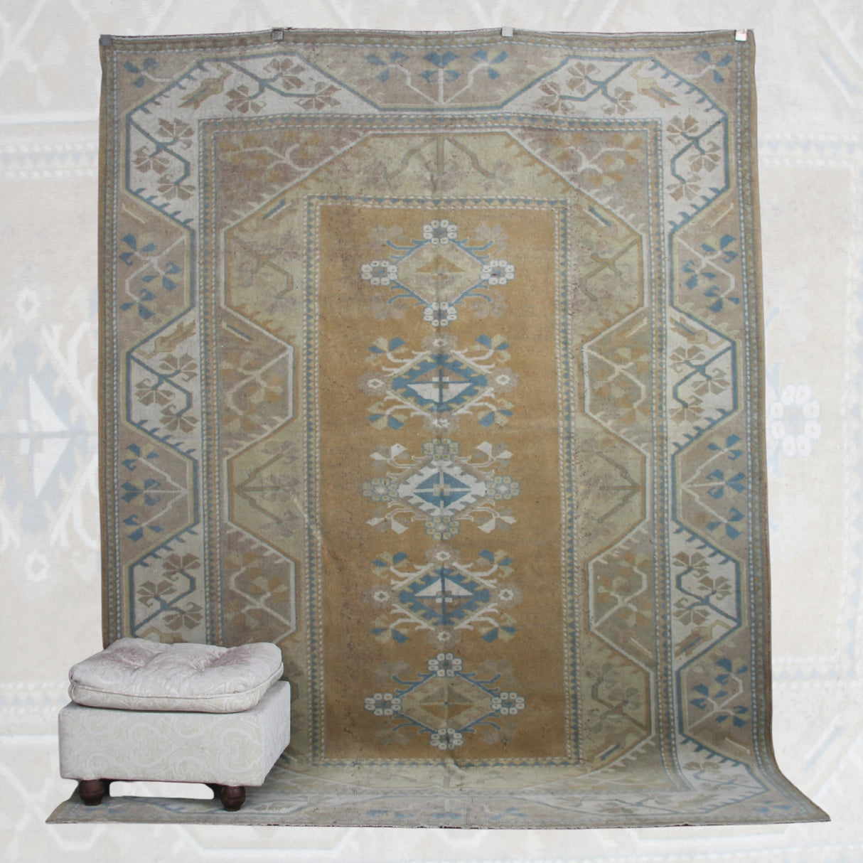 Vintage Handmade Oushak Rug - 6x9 ft | Tribal Beige Wool Turkish Carpet