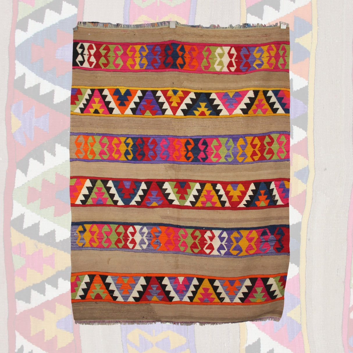 Vintage Southwestern Handmade Rug - 4x5 ft | Wool Brown Turkish Kilim Rug