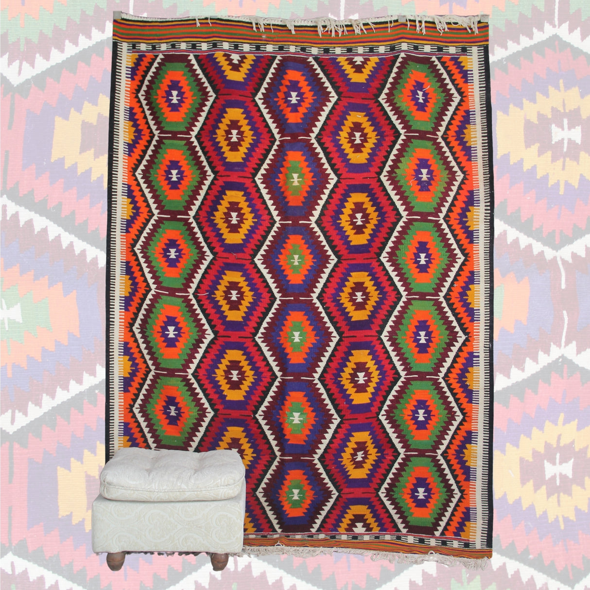 Curated Vintage Kilim Rug - 5x8 ft | Red Geometric Turkish Carpet for Area