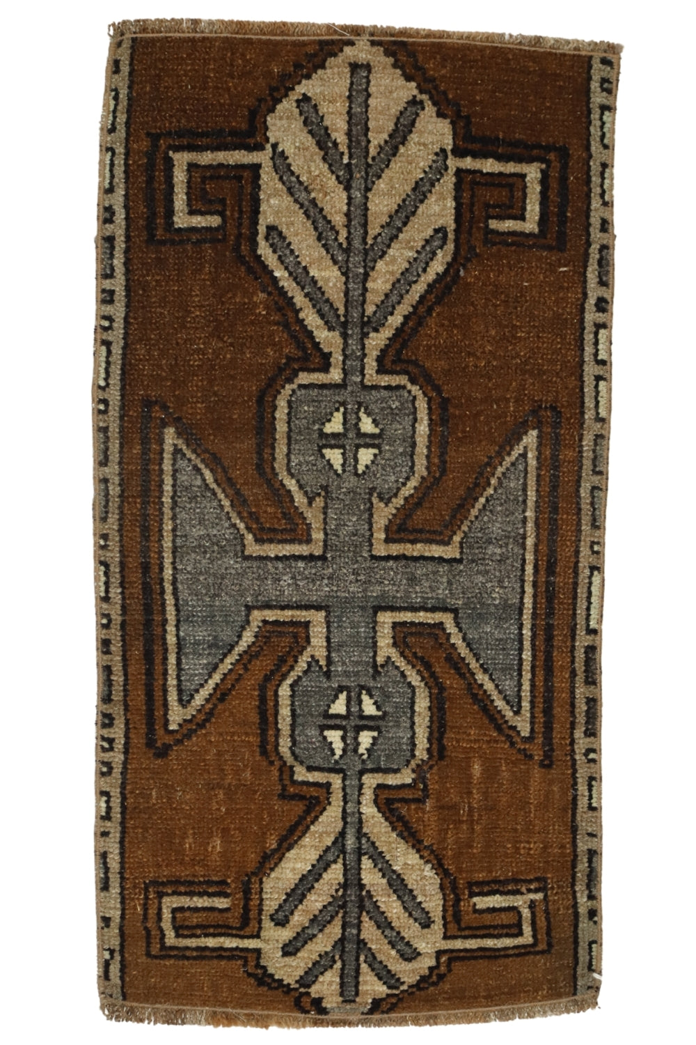 Yün El Dokuma Kahverengi Antika Halı / Bolvadin 46 x 89 cm