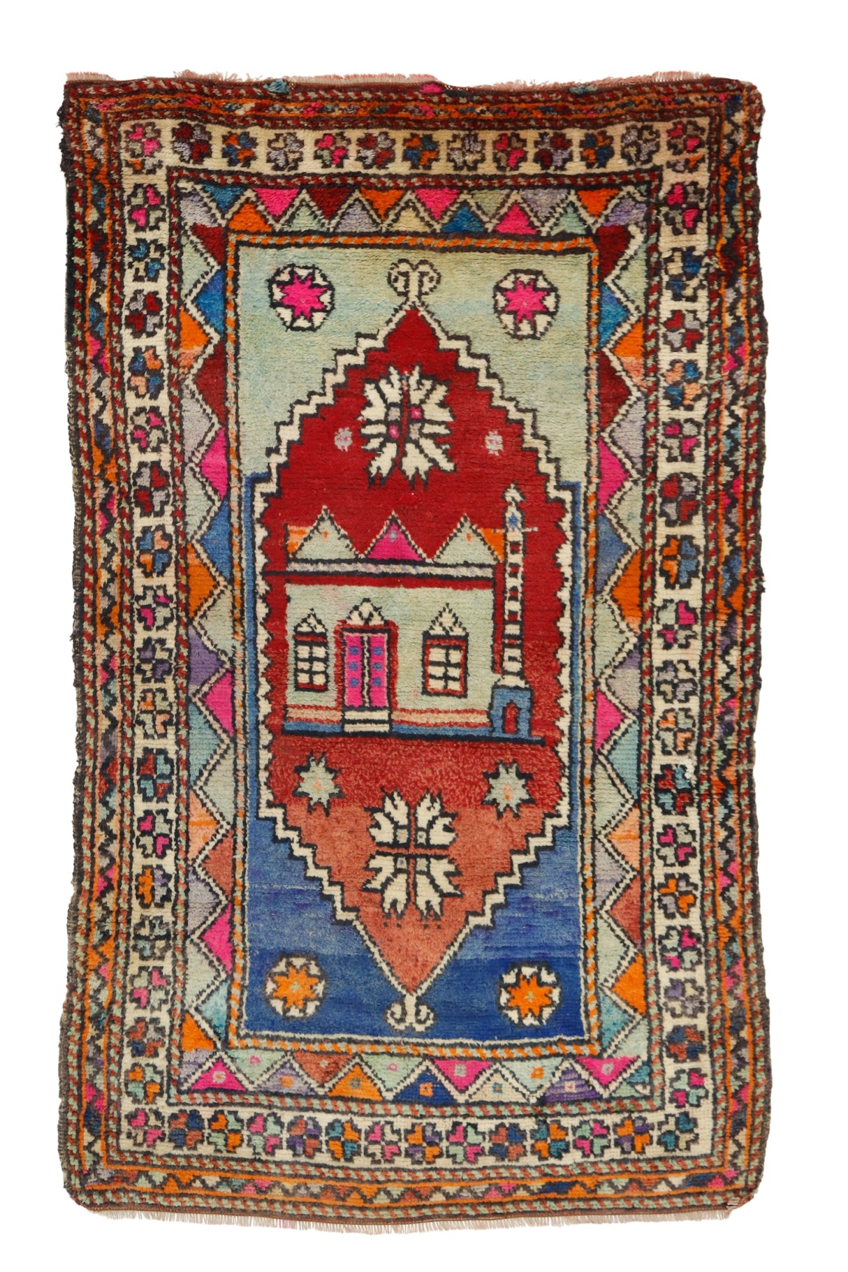 Dedeburnu / 2x4 Old Handmade Tribal Prayer Rug Front Side