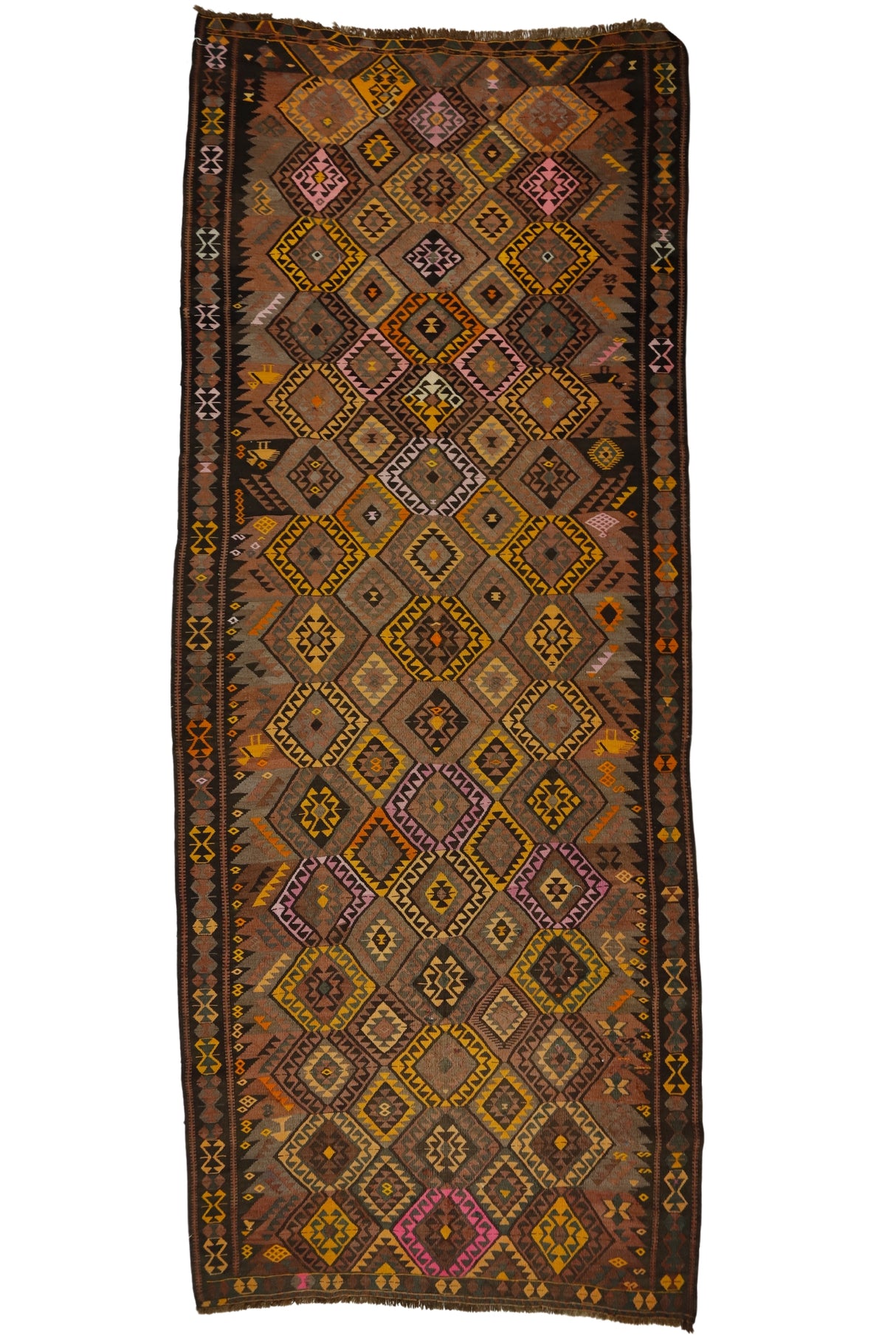 Hapanlı / 5x12 Brown Vintage Kurdish Kilim Runner Front Side