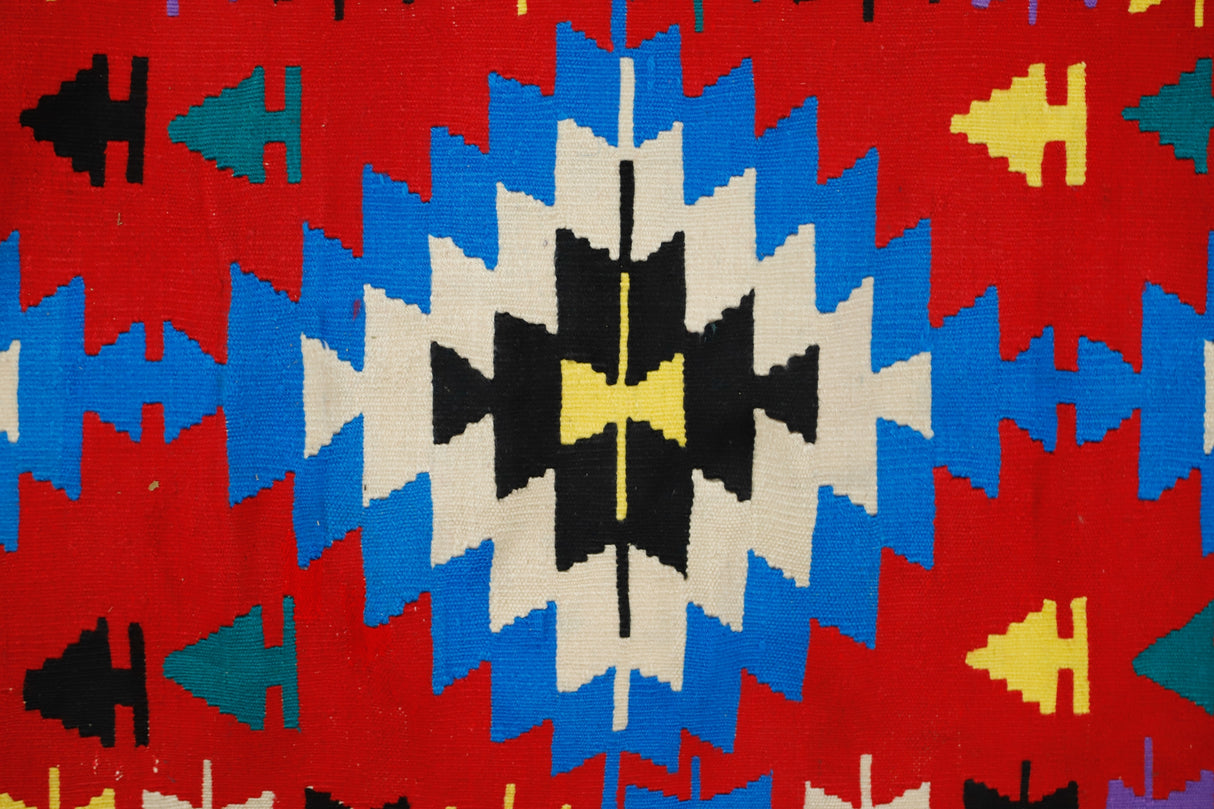 Mutlukonak / 2x18 Red Vintage Wool Kilim Runner Close Up