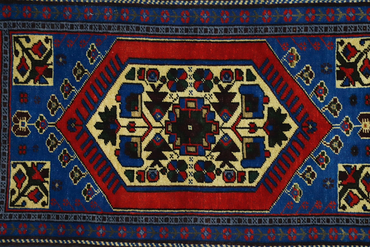 Yenice / 1x3 Blue Vintage Turkish Area Rug Close Up