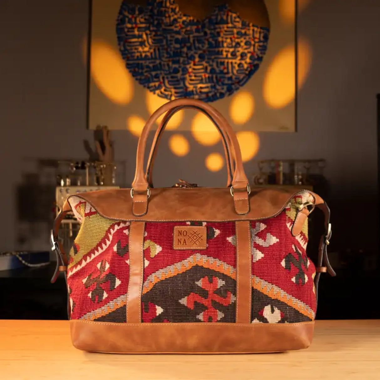 Ova Handmade Boho Weekender Bag | Antique Kilim & Leather Unisex Duffel Bag