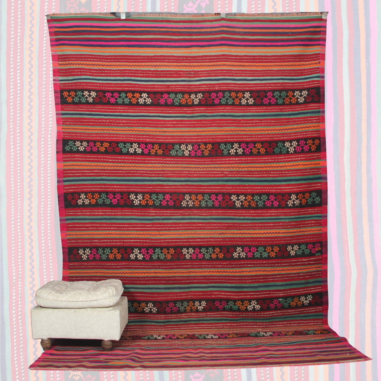 Vintage Pink Boho Rug - 6x9 ft | Handmade Turkish Wool Kilim for Living Room