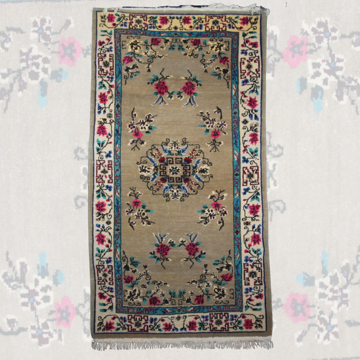 Curated Vintage Wool Rug - 3x6 ft | Brown Floral Handmade Rug for Bedroom Area
