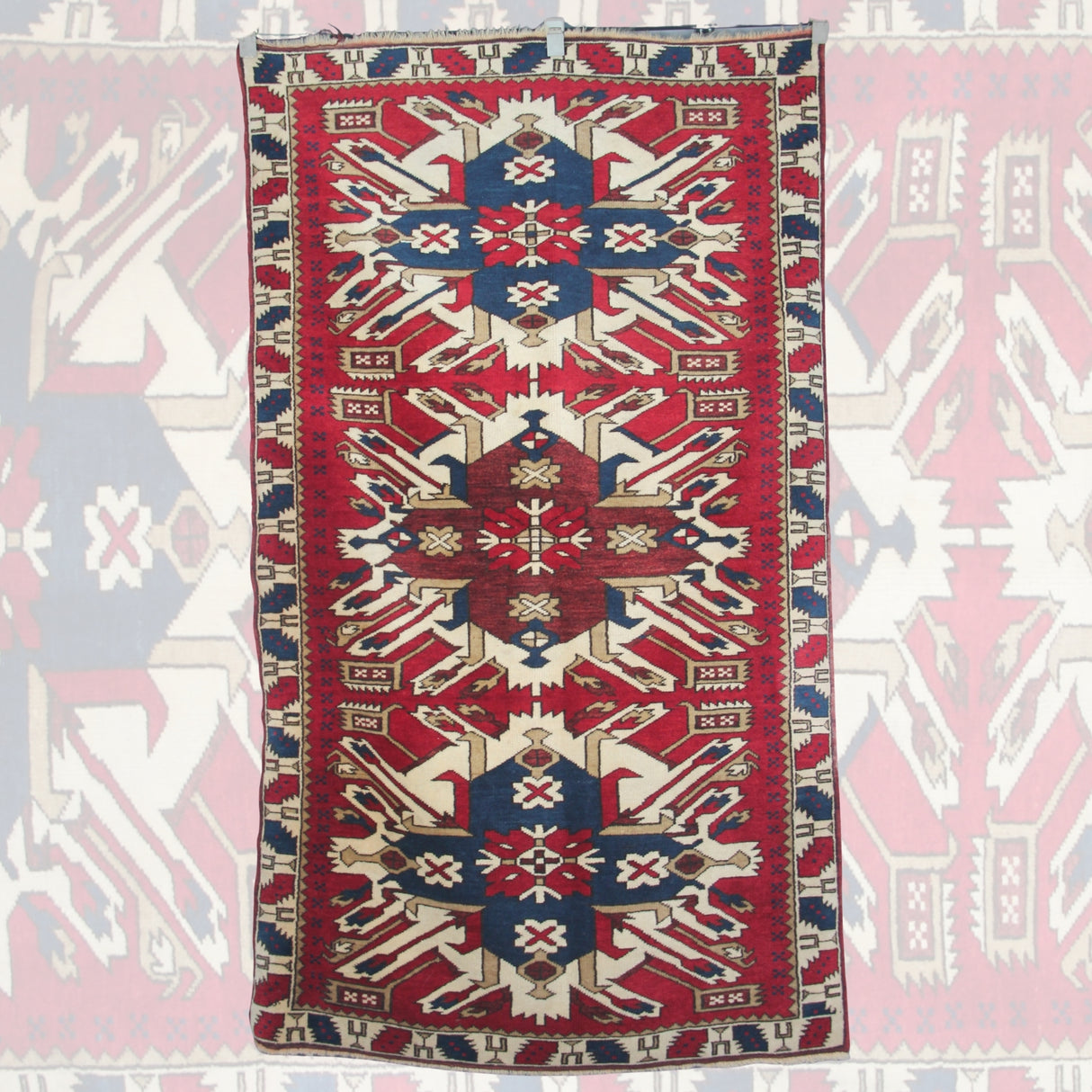 Curated Vintage Accent Rug - 3x6 ft | Handmade Red Wool Rug With Eclectic Pattern
