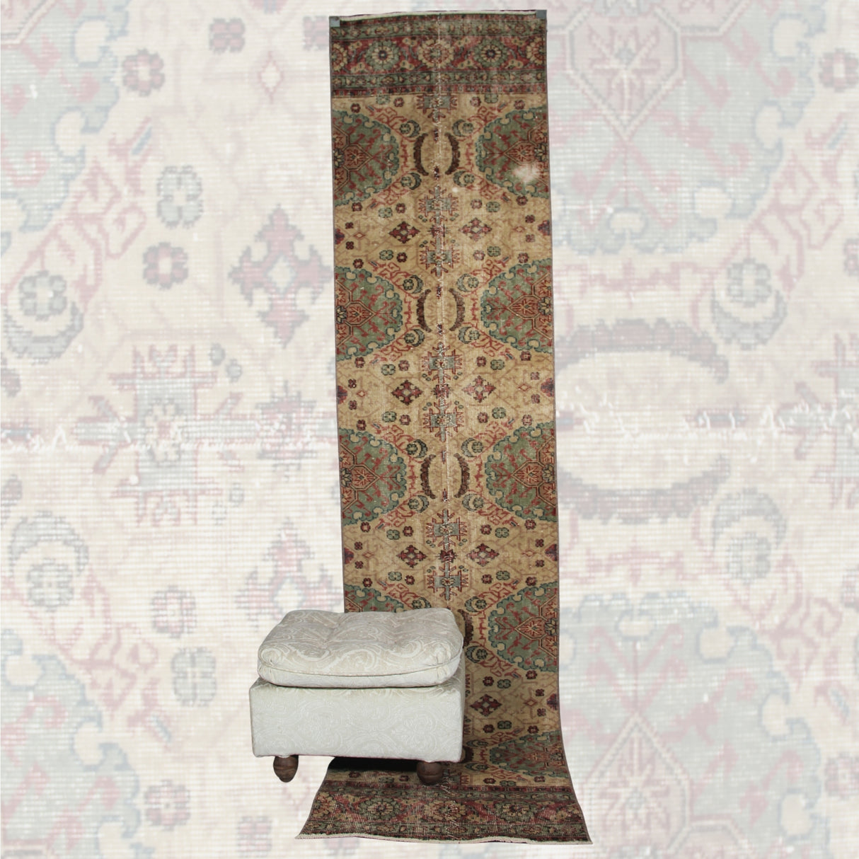 Vintage Oriental Rug Runner - 2x9 ft | Wool Beige Oushak Carpet for Hallway