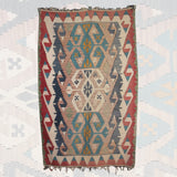 Vintage Handmade Wool Rug - 3x5 ft | Turkish Flatweave Boho Kilim for Area