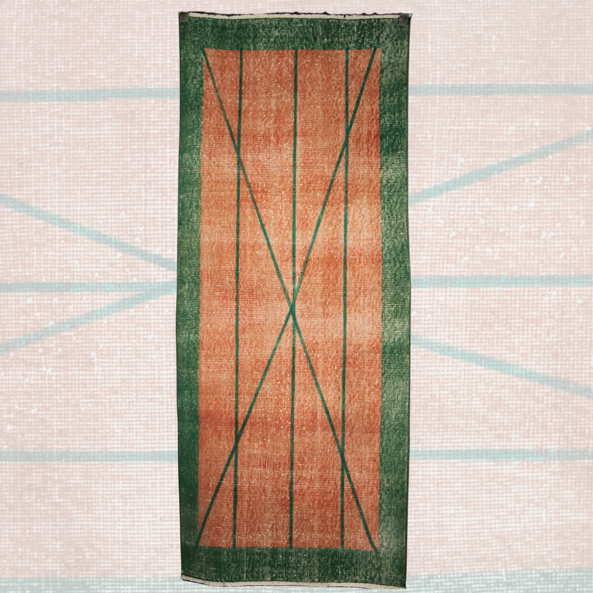 Vintage Handmade Wool Rug - 2x6 ft | Orange and Green Turkish Area Carpet