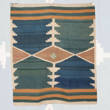 Vintage Wool Flatweave Rug - 3x4 ft | Handmade Aztec Design Blue Kilim