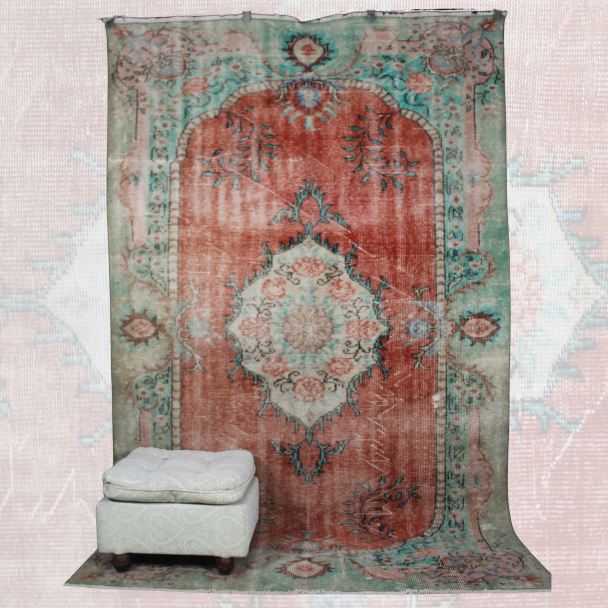 Floral Vintage Area Rug - 5x9 ft | Handmade Red and Green Oushak Carpet