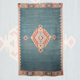 Vintage Blue Handmade Kilim - 3x6 ft | Turkish Tribal Flatweave Rug for Bedroom