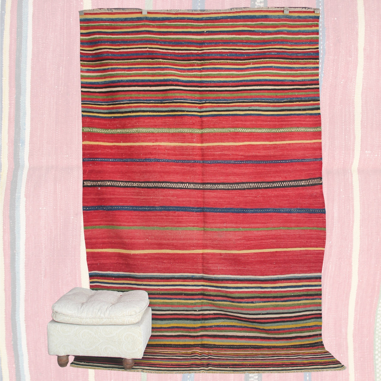 Vintage Striped Red Kilim - 5x8 ft | Bohemian Tribal Turkish Rug for Area