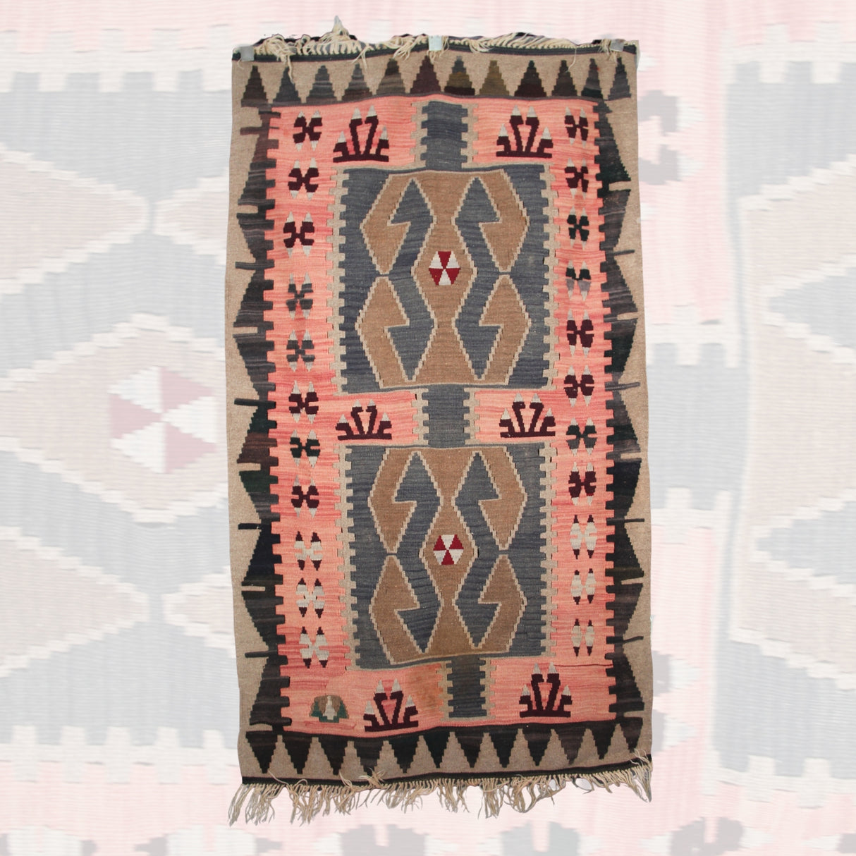 Brown And Pink Kilim - 3x6 ft | Wool Vintage Handmade Rug with Bohemian Style
