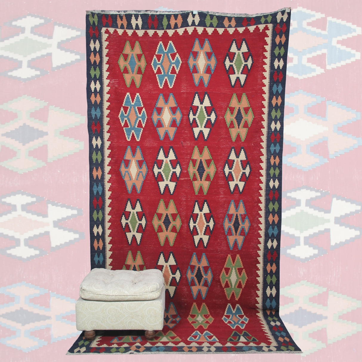 Vintage Red Handmade Kilim - 4x9 ft | Wool Southwestern Boho Rug for Area