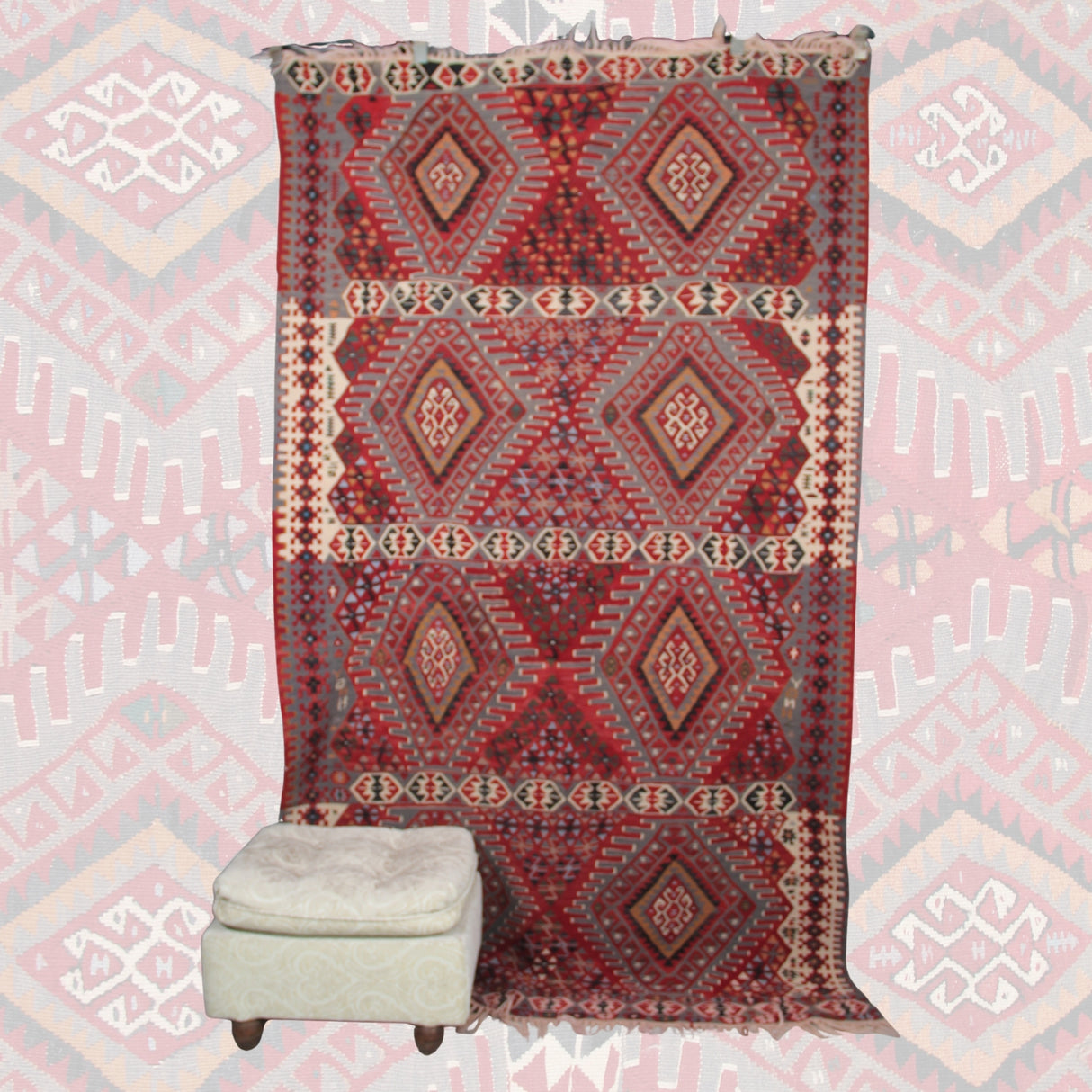 Vintage Curated Turkish Kilim - 4x8 ft | Wool Anatolian Red Boho Rug for Area