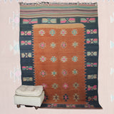Orange Handmade Wool Kilim - 6x8 ft | Wool Vintage Turkish Rug for Living Room