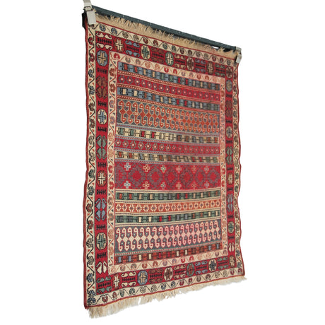 Vintage Soumak Kilim Rug - 3x3 ft | Wool Handmade Rustic Carpet for Area