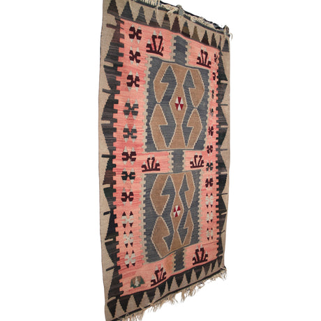 Brown And Pink Kilim - 3x6 ft | Wool Vintage Handmade Rug with Bohemian Style