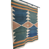 Vintage Wool Flatweave Rug - 3x4 ft | Handmade Aztec Design Blue Kilim