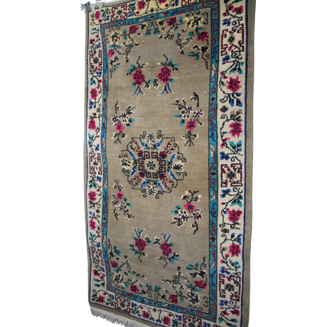 Curated Vintage Wool Rug - 3x6 ft | Brown Floral Handmade Rug for Bedroom Area
