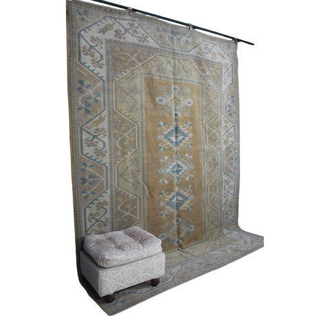 Vintage Handmade Oushak Rug - 6x9 ft | Tribal Beige Wool Turkish Carpet