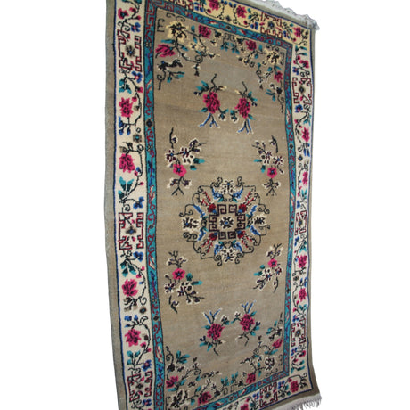 Curated Vintage Wool Rug - 3x6 ft | Brown Floral Handmade Rug for Bedroom Area
