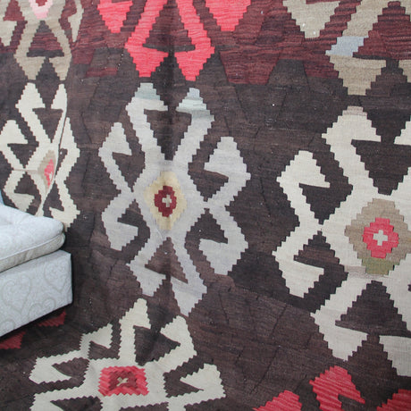 Brown Vintage Wool Kilim - 6x11 ft | Oversize Turkish Area Rug for Living Room