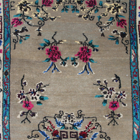 Curated Vintage Wool Rug - 3x6 ft | Brown Floral Handmade Rug for Bedroom Area