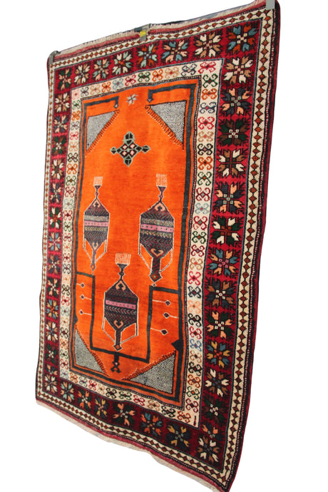 Antique Nomadic Turkish Rug, 4x5 ft | Wool Orange Carpet, Handmade Oushak Rug