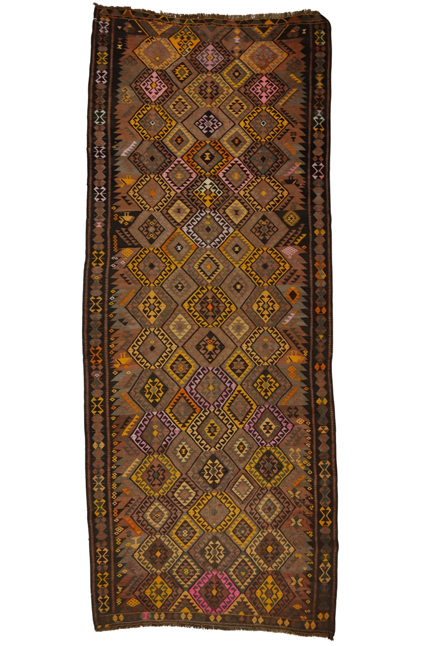 Hapanlı / 5x12 Brown Vintage Kurdish Kilim Runner Front Side