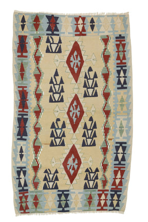 Tomarza / 3x5 Bohemian Wool Turkish Kilim Rug Front Side