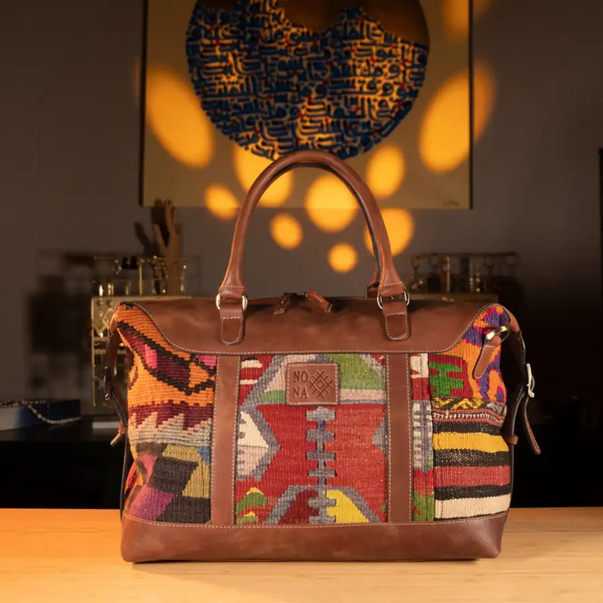 Mixed Patchwork Handmade Boho Weekender Bag | Antique Kilim Unisex Leather Duffel Bag