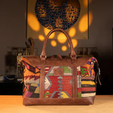 Mixed Patchwork Handmade Boho Weekender Bag | Antique Kilim Unisex Leather Duffel Bag