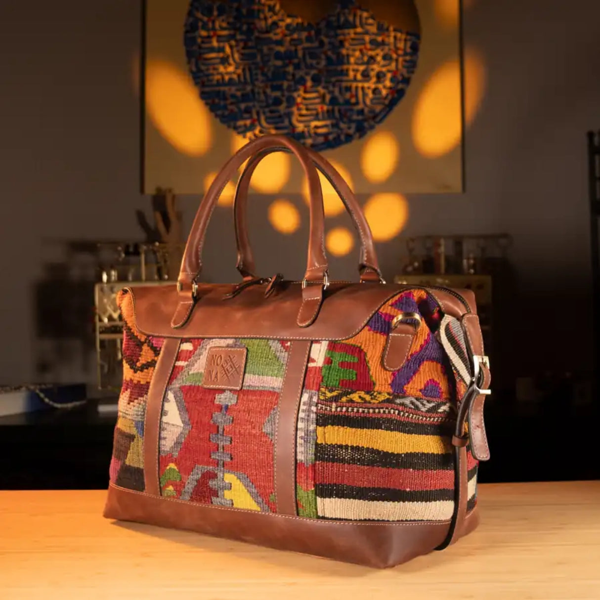 Mixed Patchwork Handmade Boho Weekender Bag | Antique Kilim Unisex Leather Duffel Bag