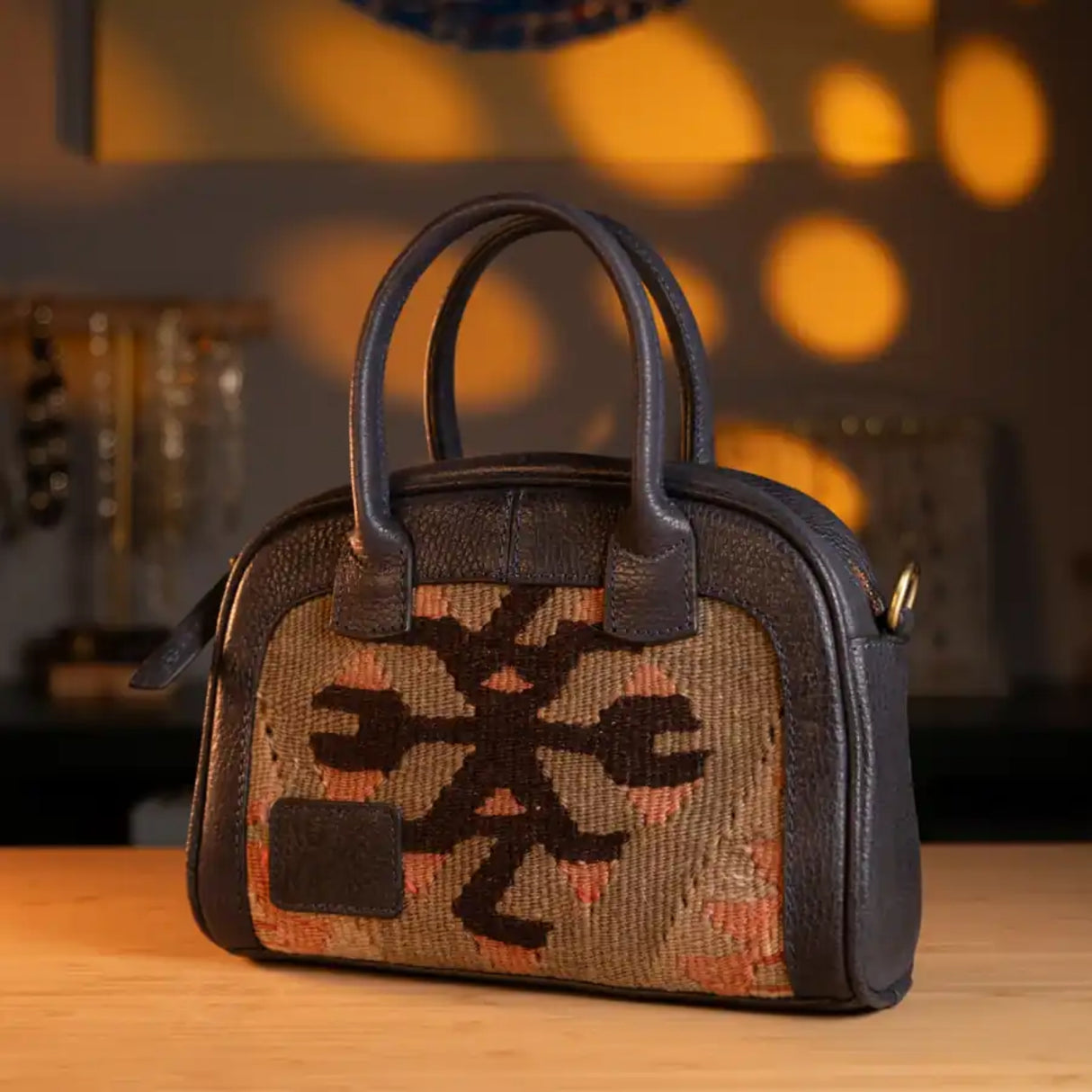 Kite MadameOttoman Handmade Antique Kilim & Leather Mini Tote Bag | Bohemian Mini Tote