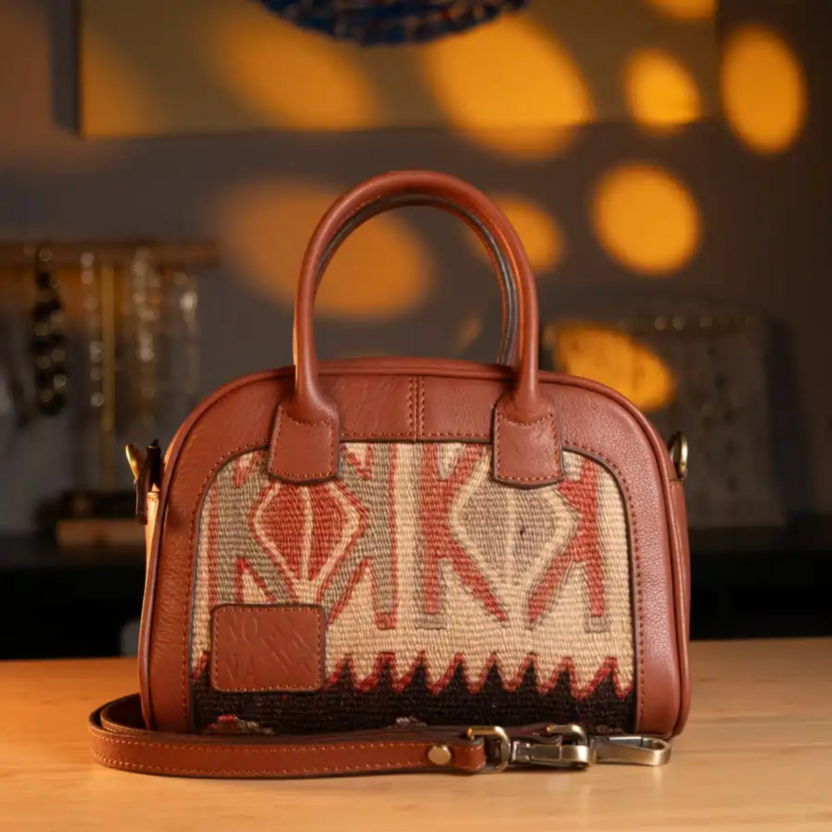 Hug MadameOttoman Handmade Antique Kilim & Leather Mini Tote Bag | Bohemian Mini Tote