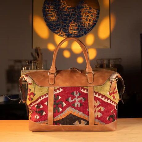Ova Handmade Boho Weekender Bag | Antique Kilim & Leather Unisex Duffel Bag