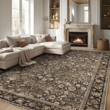 Large vintage rug on the floor in a living room, adding warmth and style.